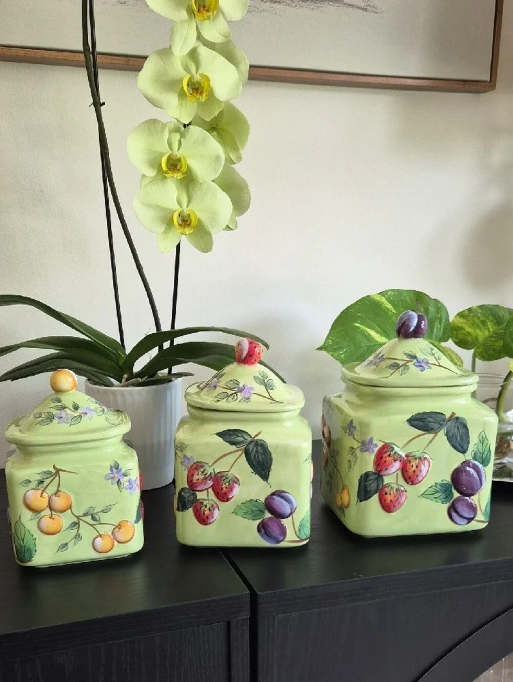 Vintage Hand-Painted Green Fruit Ceramic Canister Set Of 3